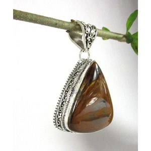 Large Simulated Tigers Eye Pendant Silver Bohemian Gypsy NEW
